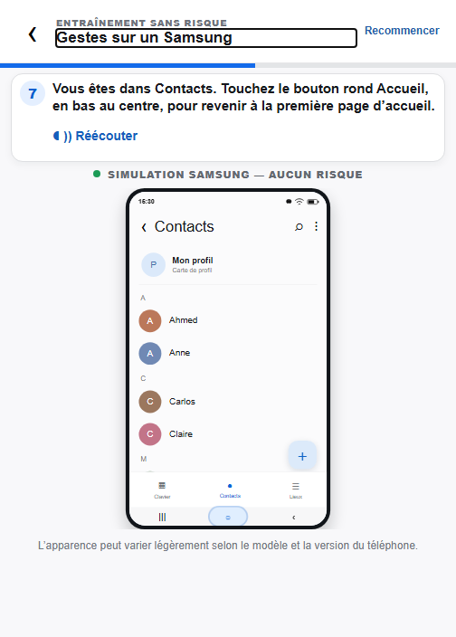 Leçon sur le bouton Accueil : consigne écrite, commande Réécouter et téléphone simulé.