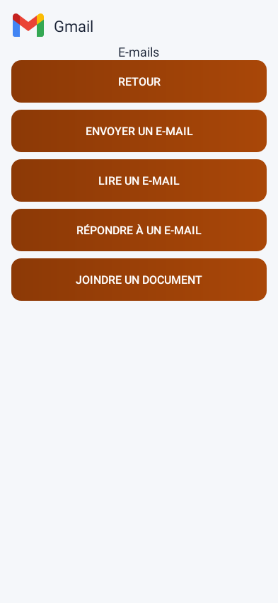 Sous-menu Gmail : envoyer un e-mail, lire, répondre et joindre un document.