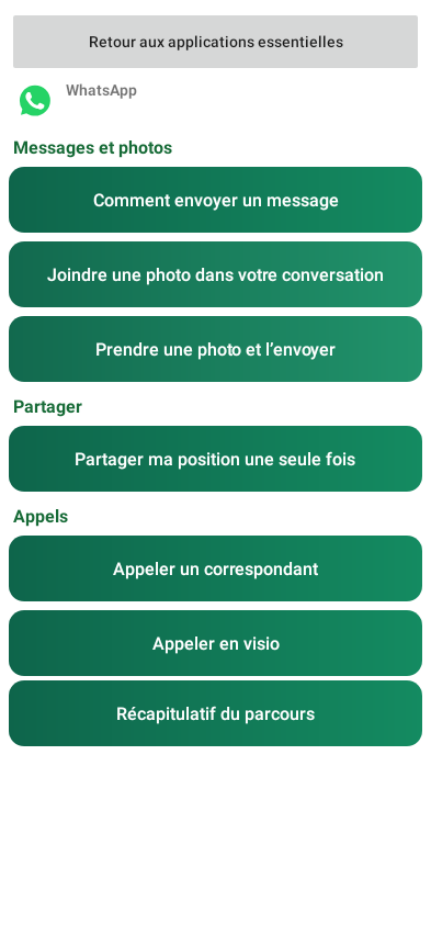 Sous-menu WhatsApp : messages et photos, partage de position, appels et récapitulatif.